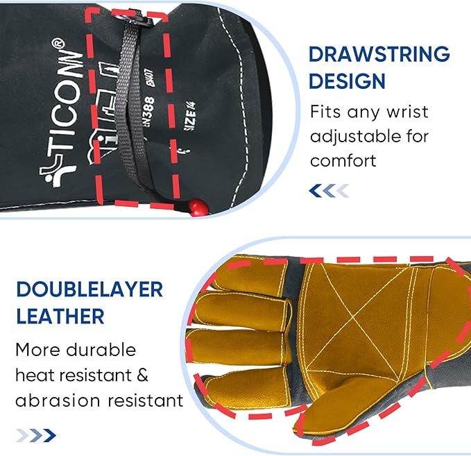 TICONN Welding Gloves, 16 IN L/XL/XXL 1000°F Heat-Resistant Fireproof Leather Gloves for Welders, Stick, Forge, Mig, Tig, BBQ