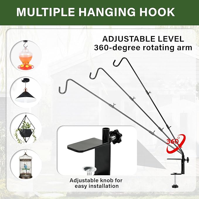 DAEHUI Deck Bird Feeder Hanger with 3in Clamp for Railing 41 Inch Bird Feeder Pole 360 Degree Swivel Plant Hooks for Hanging Baskets Wind Chime Lantern (2 Packs-3In Clamp Deck Hook)