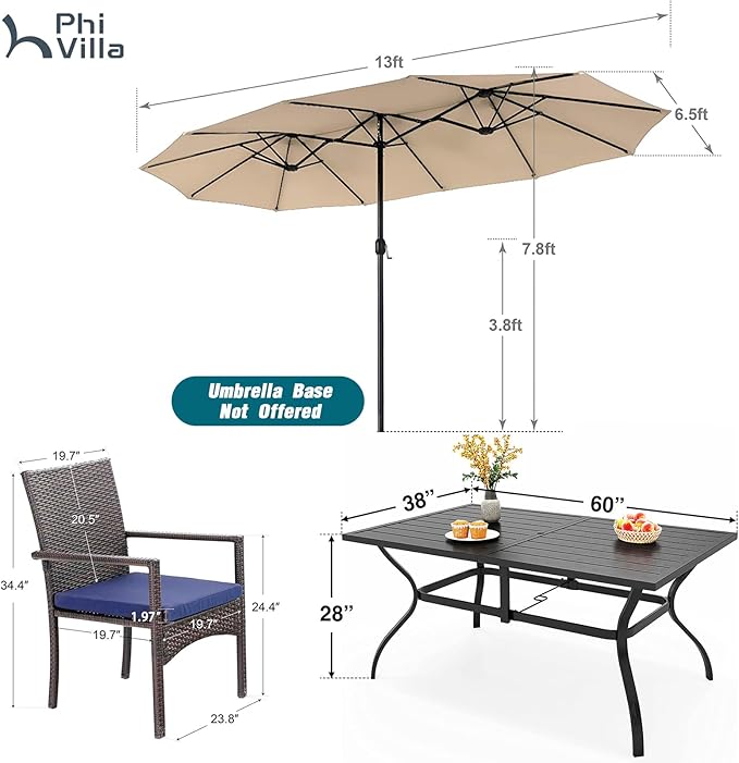 PHI VILLA 7 Piece Patio Dining Set with Umbrella, 60” Rectangular Metal Dining Table & 6 Cushioned Rattan Wicker Chairs & 13ft Large Beige Umbrella for Outdoor, Deck, Yard, Porch