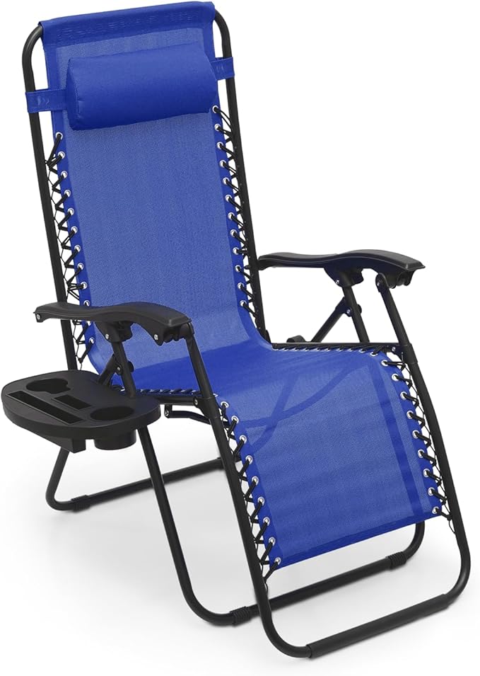 Athena Collection Zero Gravity Chair, Folding Lounge Chair, Reclining Camping Chair, Outdoor Zero Gravity Recliner with Adjustable Pillow and Cup Holder for Outside Beach Garden Patio Poolside - Blue