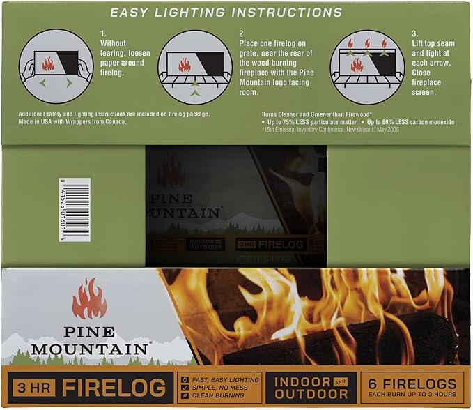 Pine Mountain 100% Natural Classic Firelog, 3-Hour Burn Time, 6 Logs, Green