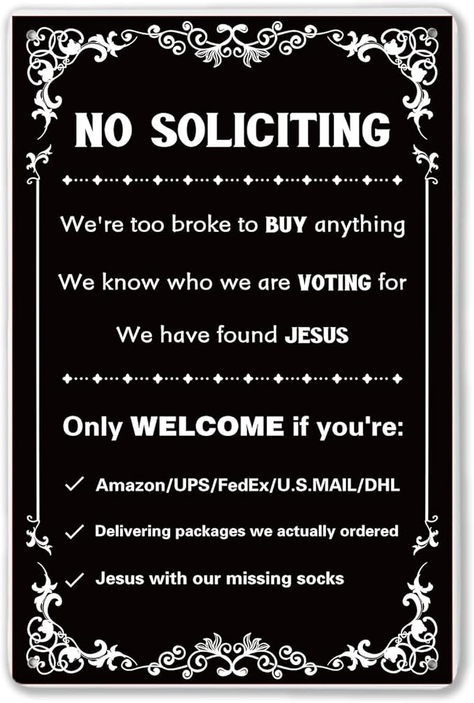 No Soliciting Sign For Front Door, No Soliciting Yard Sign 'We'Re Too Broke To Buy Anything' Metal Wall Art Signs for Outside, Funny Metal Signs For Door House Outside Decor 7.8 X 11.8 Inch