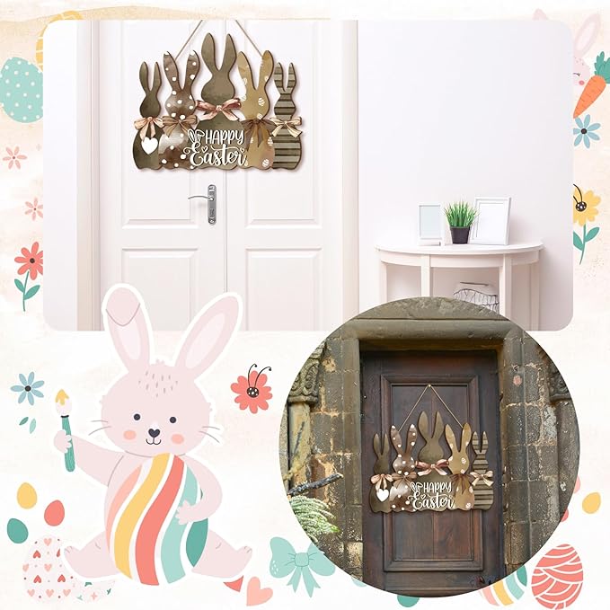 Juexica Easter Bunny Welcome Door Sign Easter Wall Hanging Sign for Front Door Wood Front Porch Decor Wall Pediments