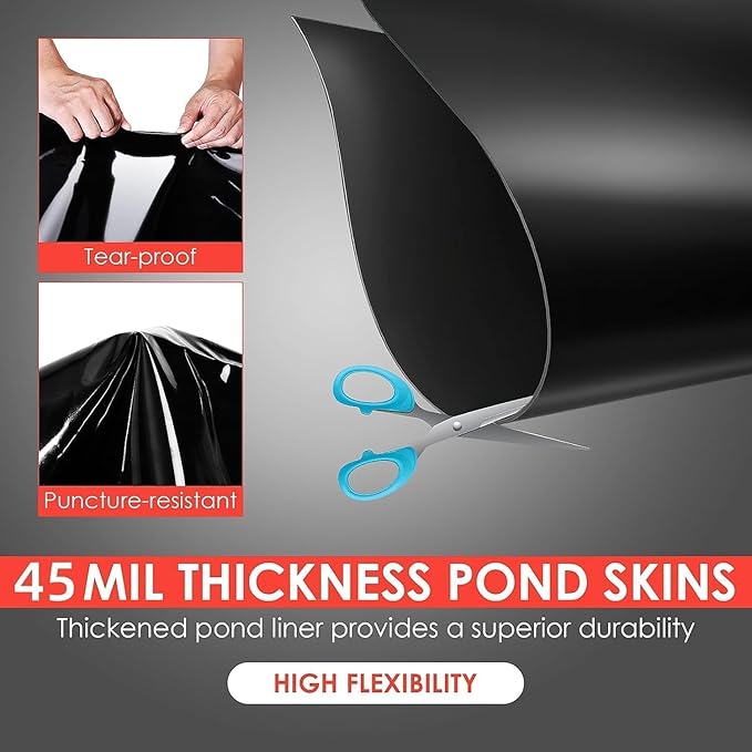 Garvee 10x10 ft Pond Liner, 45 Mil Thickness, Pliable & Durable EPDM Material, Easy Cutting & UV Resistant, for Fish or Koi, Features, Waterfall Base, Fountains and Water Gardens