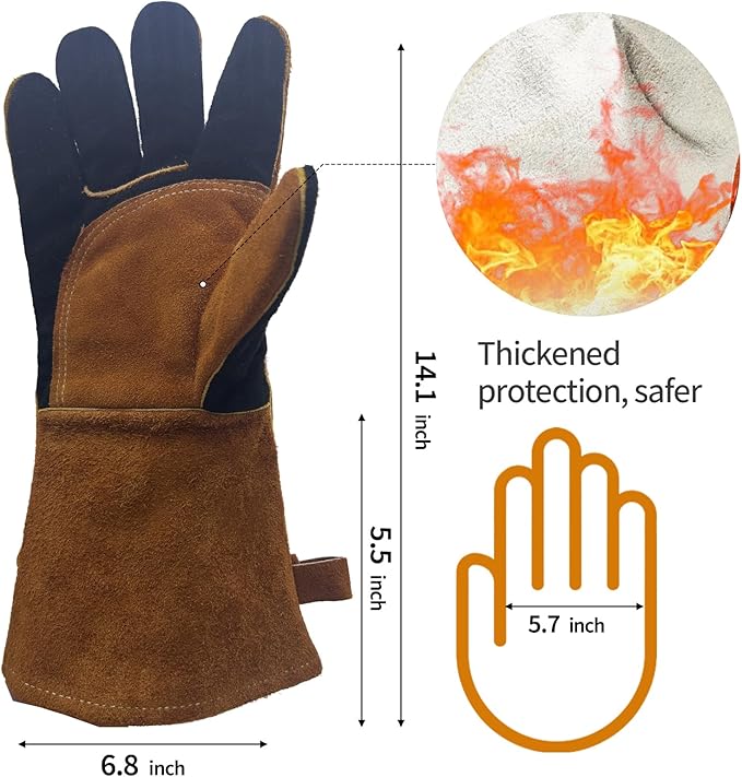 Leather MIG Welding Gloves with Reinforced Palm, Kevlar Stitching, Heat Fire Resistant for Welding/Grilling/BBQ