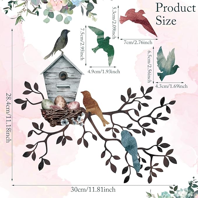 Tatuo Metal Bird Wall Art Birds on The Branch Wall Decor Hanging Metal Tree with Birdhouse for Living Room Tree Leaf Decor for Indoor Outdoor Garden Bedroom Office Home Housewarming Party