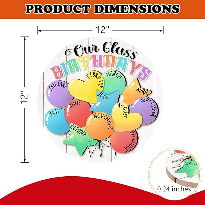 Our Class Birthdays Front Door Sign, Colorful Month Balloons Back to School Wood Hanger Kids Nursery Classroom Home Decor, Farmhouse Wooden Wreath Indoor Kindergarten Wall Hanging Decoration