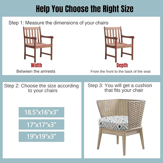 idee-home Outdoor Chair Cushions Set of 4, 19" x 19" x 3" Thick D-Shaped Patio Furniture Outdoor Seat Cushions Waterproof with Ties, Dining Pads
