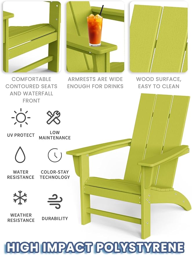 Modern Adirondack Chairs Set of 4, HDPE Plastic Patio Chairs for All Weather, Fire Pit Chair, Outdoor Lawn Chairs for Deck, Porch, Backyard, Garden, Avocado