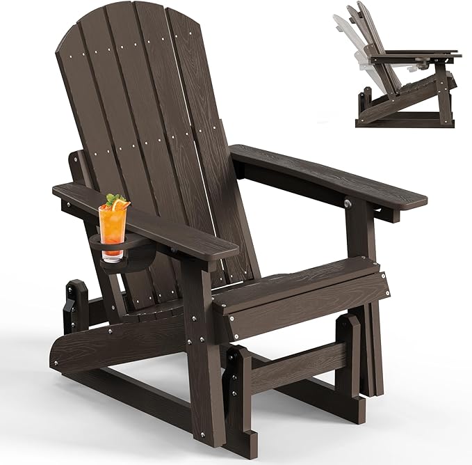 3-Position Adjustable Adirondack Chair with Cup Holder, HDPE All-Weather Outdoor Glider Chair, Wood-Grain Fire Pit Chairs for Pool, Yard, Deck (Coffee Brown)