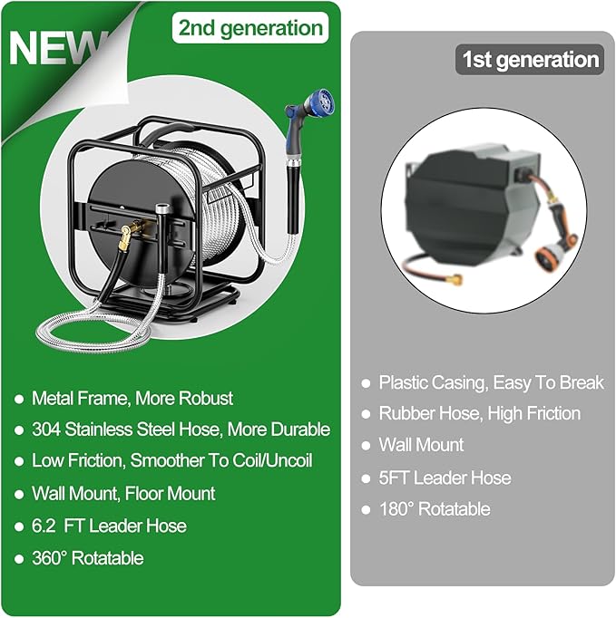 SPECILITE Heavy Duty Metal Garden Hose Reel With 100 Ft 304 Stainless Steel & Aluminum Nozzle, Wall Mount/Floor Water Pipe Spool, 360° Rotation Frame, Winder Combo, Black