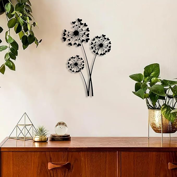 DUOOLN Metal Flowers Wall Art Decor, Minimalism Dandelion Flower Hanging Iron Decoration,Modern Plant Potted Art Sculpture Sign, Home Bedroom Bathroom Outdoor Indoor Kitchen Feature Wall-15.7x9.8in