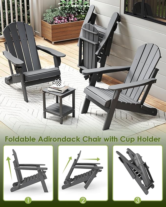 GREENVINES Folding-Adirondack-Chair | HDPE Plastic | Fire Pit Chairs | All Weather | Cup Holder | Grey | for Deck Backyard Patio Outdoor Garden