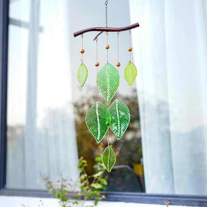 Glass Wind Chimes for Outside,Unique Handmade Windchimes Outdoors with Stained Glass Leaves for Home Window Garden Yard Patio Decor,Green 20"