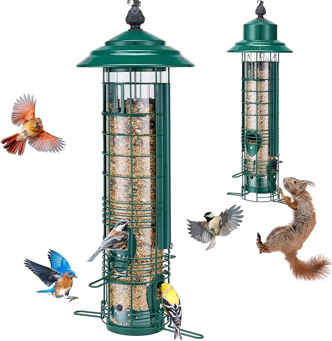 Kingsyard Squirrel Proof Bird Feeder for Outside Hanging, Weight-Activated All-Metal Wild Bird Feeders for Cardinal Finch, Detachable Base Easy to Clean, 3 LBS Capacity,Green