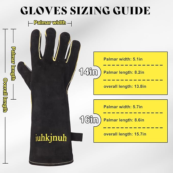 Leather Oven Gloves for Women Man, Heat Resistant Fire Long Sleeve Gloves for Tig Mig Stick BBQ Fireplace Animal Handling (16in)