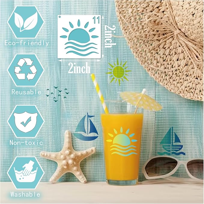 70pcs Ocean Stencils for Painting on Wood & Canvas - Summer Beach, Nature & Palm Tree Patterns (70 Beach)