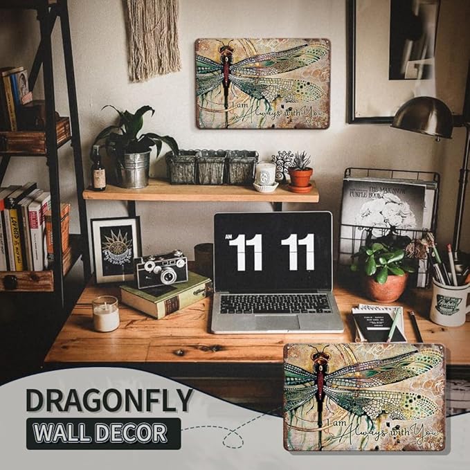 YOYI ART Metal Dragonfly Wall Decor Sign - I Am Always With You, Vintage Tin Signs for Home, Bedroom, Kithcen, Garden, Patio and Yard Wall Art Accessories, Dragonfly Gifts for Women, 12 x 8 inch
