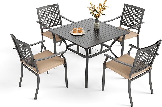 PHI VILLA 5 Pieces Outdoor Dining Set for 4, Square Metal Steel Table & Stackable Chairs with Cushions, Heavy-Duty Iron Furniture Set for Patio, Deck, Backyard, Porch