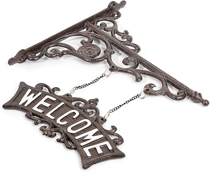 Sungmor Vintage Cast Iron Hanging Welcome Sign, Ornate Wall Bracket Hanger Outdoor Welcome Plaues, Rustic Wall Mounted Front Door Hanging Sign, Decorative Garden Yard Sign