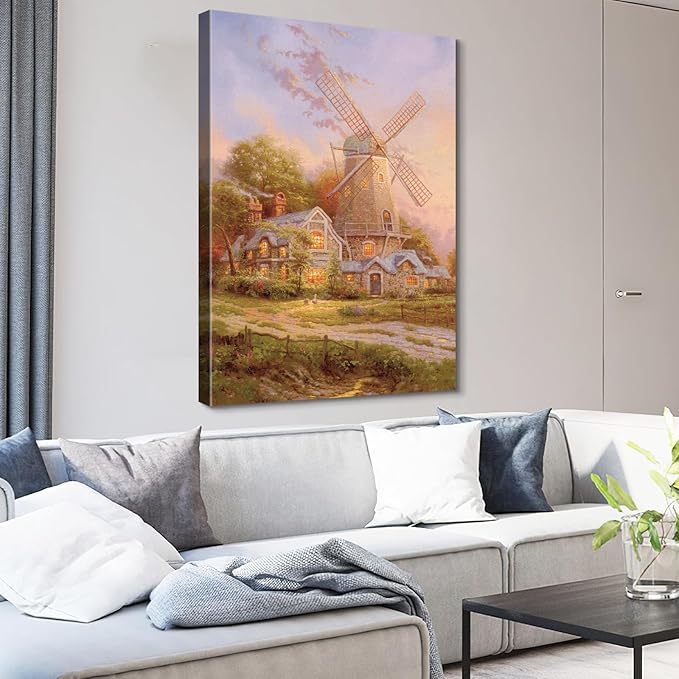 STUDIO HAVEN Thomas Kinkade Canvas Wall Art, Stone Country Home Glowing Windows Lush Gardens Oil Painting Fairytale Poster Charming Rural Wall Decor, Framed Prints for Home Decor, 24x36Inch