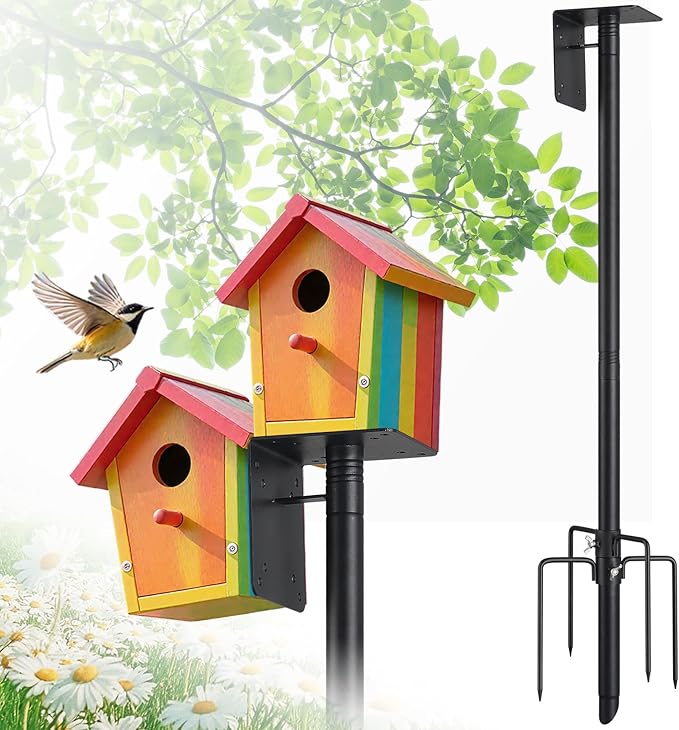 Bird Feeder Pole,100" Outdoor Bird House Pole Kit Stand with 5-Pronged Base, Adjustable Height & Universal Mount for Easy Setup, 2 Installation Methods, Matte Black Finish (Without Feeder)