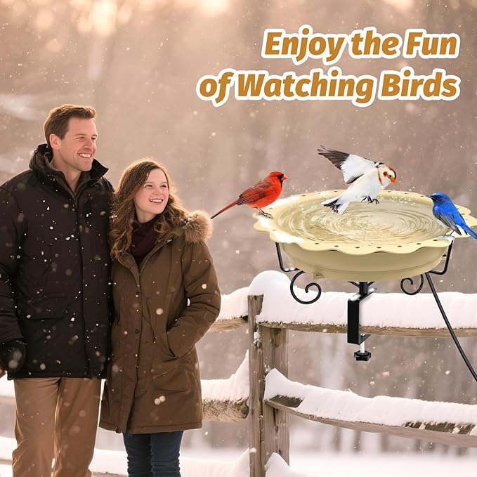 Heated Bird Bath for Deck Railing, Powerful 100W Thermostatically Controlled Heated Bird Baths for Outdoors for Winter, Heated Birdbath Water Heater for Outside Garden Yard Patio Lawn (Khaki)
