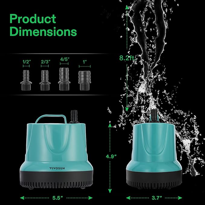 VIVOSUN 660GPH 40W Submersible Pump for Fish Tank, Pond, Aquarium, Hydroponic Systems with 5ft Power Cord and 4 Nozzles Blue