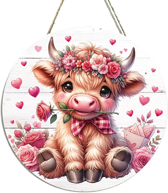 Valentines Day Wall Decor, Valentines Day Door Decorations, Gift for Boyfriend Girlfriend Wife, Pink Heart Rose Highland Cow Wood Hanging Sign Anniversary Porch Home Office Door Decor