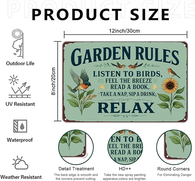 Plants Gifts Garden Rules Vintage Tin Sign for Garden Patio Porch Yard She Shed Decor 8x12 Inch (3945)