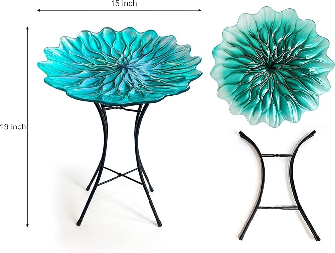 HONGLAND Bird Bath for Outside,15" Diameter Large Glass Birdbaths for Outdoors,Detachable Bird Baths Bowl with Metal Stand for Garden Patio Lawn Decor,19" Height - Green