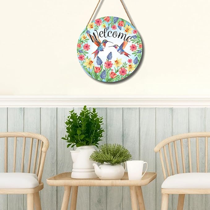 Spring Summer Hummingbird Birds Door Sign Round 12 X 12 Inches Welcome Spring Door Hanger Wall Pediment Farmhouse Floral Door Hanging for Yard Porch Seasonal Summer Decoration Welcome Sign