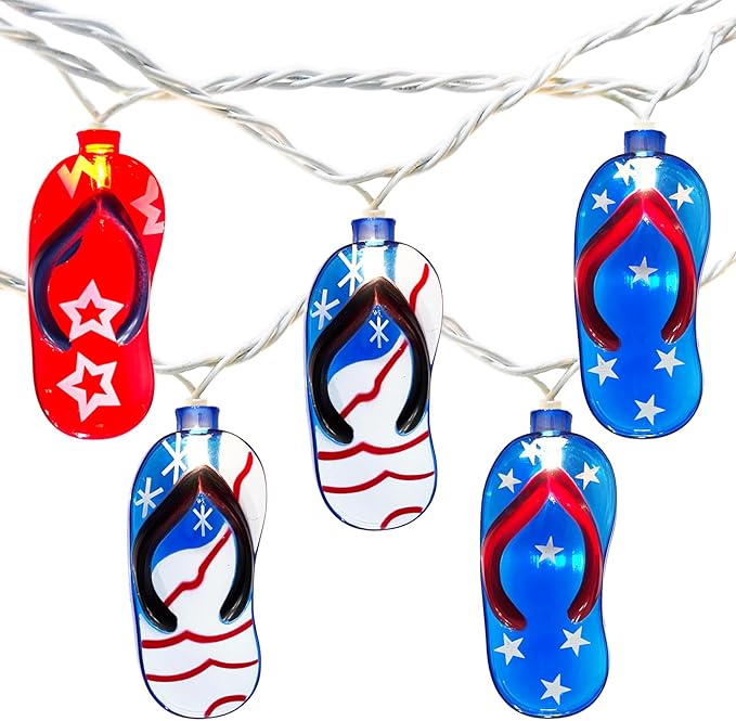 SUNSGNE 4th of July Decorations Lights 8.5FT Red White Blue String Lights, Indoor Beach Slipper Summer String Lights with 10 Slipper Lights for Patriotic Independence Day Outdoor Beach Party Decor