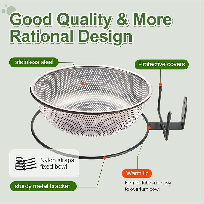 Squirrel Feeder Bowl (2L) Trees or Fences Mounted, Removable Squirrel Feeder with 2 Squirrel Corn Cob Spikes, Outdoor 8.8" Stainless Steel Feed Bowl with Drainage Holes, Easy to Clean/Refill(Black)