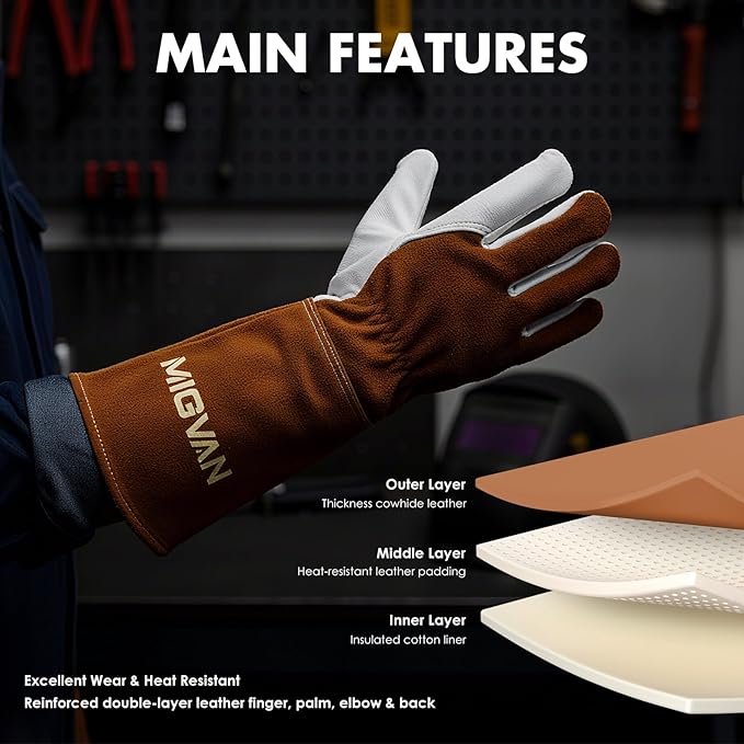 Leather MIG Welding Gloves, 16 Inches IN L/XL/XXL, Heat Resistant and Fireproof Stitching Gloves for Stick, Mig, Tig, Forge, BBQ, Grill, Fireplace, Wood Stove, Furnace, Oven, Pot