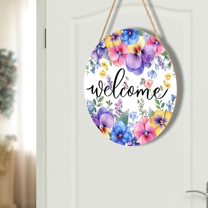 Welcome Spring Summer Red Blue Purple Floral Door Sign For Front Door Decor,Pansy Flowers Butterfly Wooden Sign 12"x 12" Round Spring Hanging Door Sign Decoration for Wall Rustic Decor