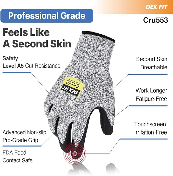 DEX FIT Level 5 Cut Resistant Gloves Cru553, 3D-Comfort Stretchy Fit, Power Grip, Professional Grade, Thin, Touch-Screen Compatible, Durable, Machine Washable; Black Gray XL (10) 1 Pair