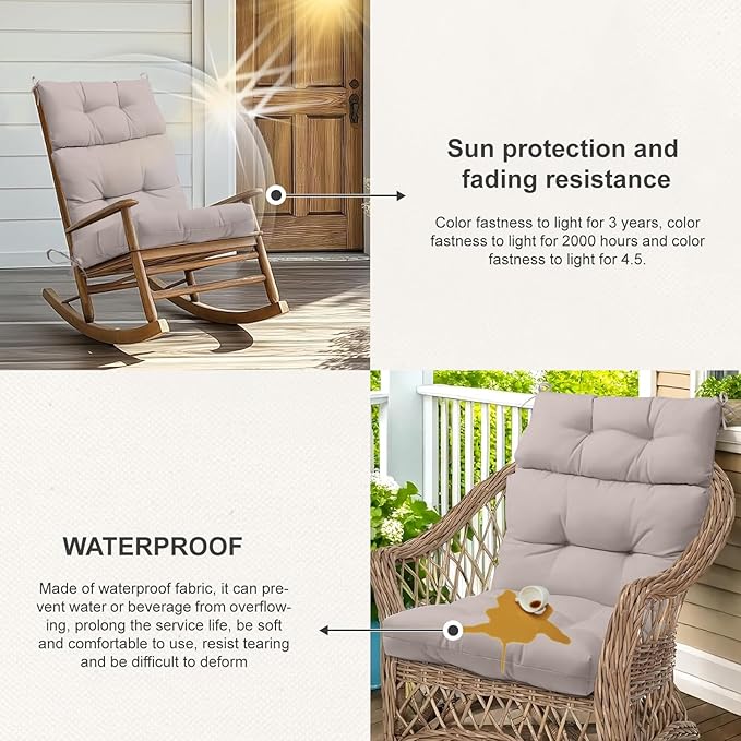 Outdoor High Back Chair Cushions 2-Pack, 44"x22"x 4" Fade-Resistant Waterproof Tufted Pads with Ties for Patio Rocking & Adirondack Chairs (Khaki)