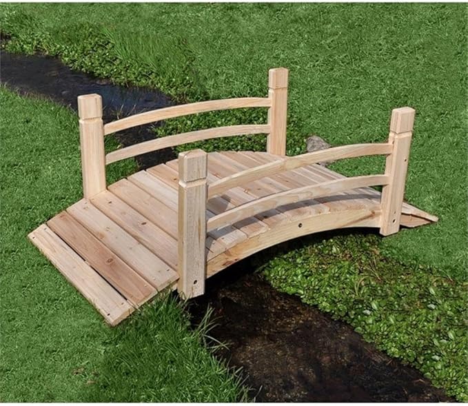 Pemberly Row Cedar Wood Garden Bridge, 48.5 in, Beige Finish, Handcrafted with Handle Rails, Durable Landscape Decor, Rustic Outdoor Sculpture for Backyard or Garden Use