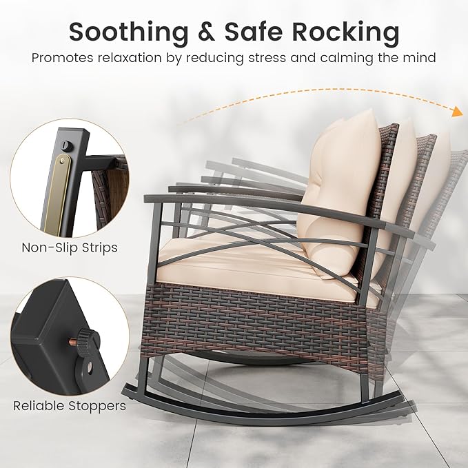 Tangkula 3 Pieces Outdoor Rocking Chairs Set, Rattan Heavy Duty Cushioned Rocker Chairs with 2-Tier Tempered Glass Coffee Table, for Garden, Balcony, Backyard (Beige)