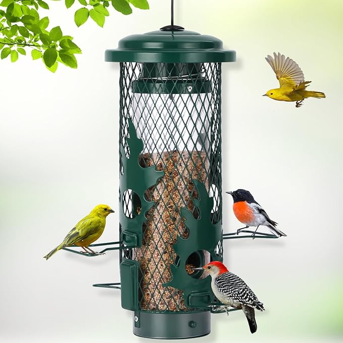 Squirrel Proof Bird Feeder for Outdoors Hanging, Metal Mesh Bird Feeder for Outsides with Gravity Protection for Small Birds, Weatherproof and Durable, Green