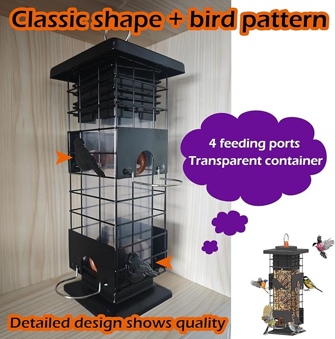 Squirrel Proof Bird Feeders for Outdoors Hanging, Metal Wild Bird Feeder with 4 Feeding Ports | 2.5 LB Capacity, Weather-Resistant for Year-Round Use,Dark Grey