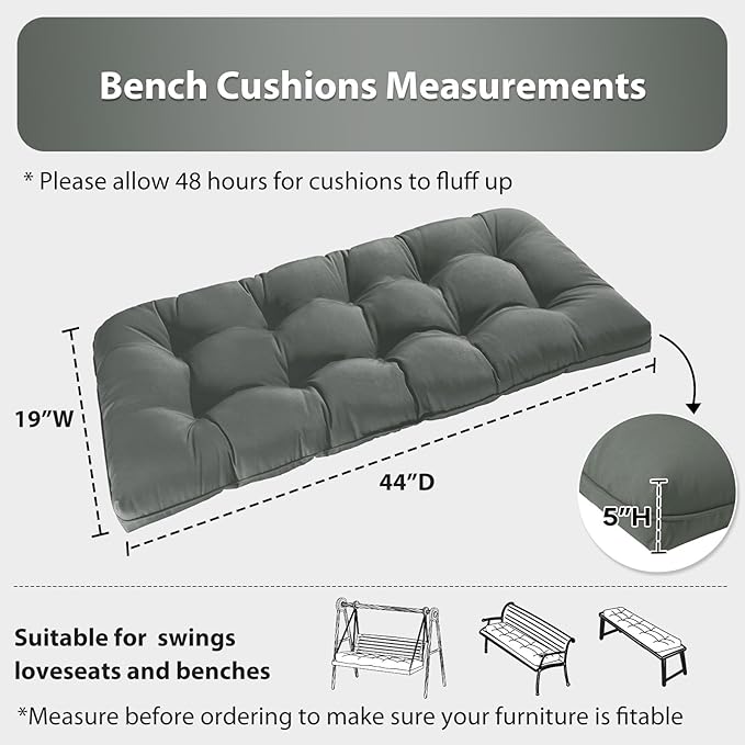 Tufted Bench Cushions for Outdoor Furniture, 44" x 19" Porch Swing Cushions Filled with Foam, Overstuffed Patio Cushions for Bench Loveseat with 2-3 Seats,Thick and Water Resistant, Grey