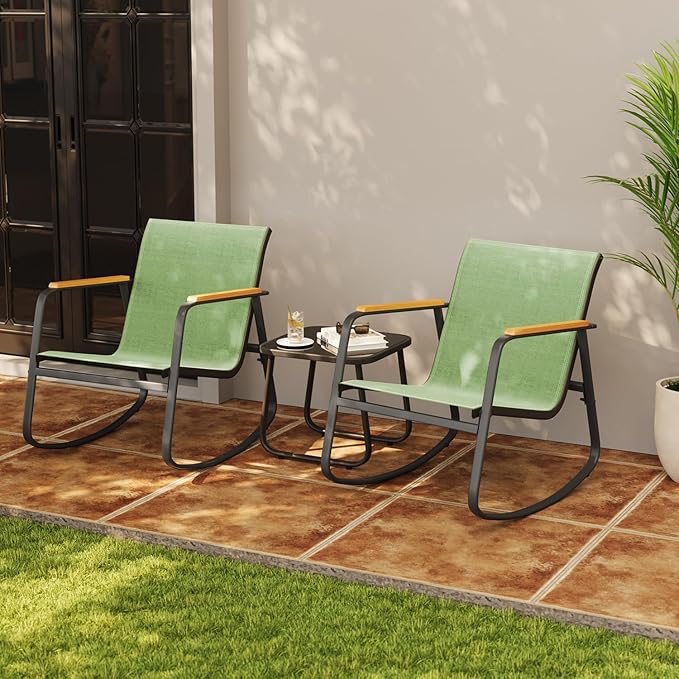 Aiho 3 Piece Patio Bistro Set, Textilene Outdoor Furniture Set with Patio Rocking Chairs with Wooden Armrests and Glass Table for for Lawn, Porch, Balcony, Poolside(Green)