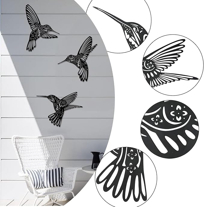 QZGXDECO Set of 3 Metal Hummingbird Wall Decor, 3D Iron Bird Wall Art for Outdoor Garden Fence, Patio & Yard Decorations, Large Hanging Sculptures for Living Room & Home, Gifts for Bird Lovers