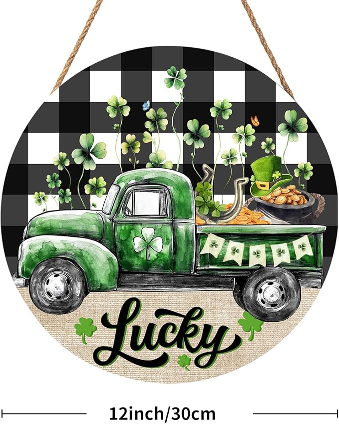 St. Patrick's Day Green Lucky Truck Door Sign For Front Door Decor,Shamrock Clover Buffalo Plaid Check Wooden Sign 12"x 12" Round Farmhouse Irish Hanging Door Sign Decoration for Wall Rustic Decor