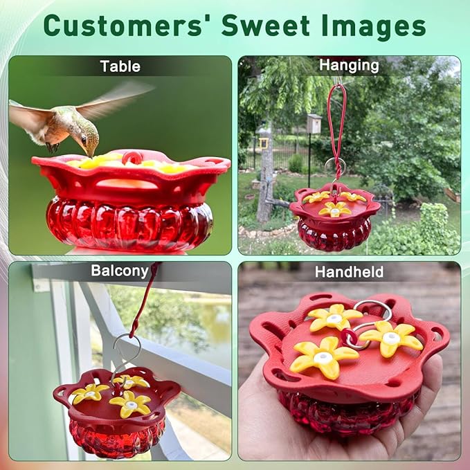 Set of 2 Glass Hummingbird Feeders for Outdoors Hanging with 3 Bee Guard Feeding Ports, 3.4OZ Handheld Humming Birds Feeders for Outside, Gifts for Women Mom, Red