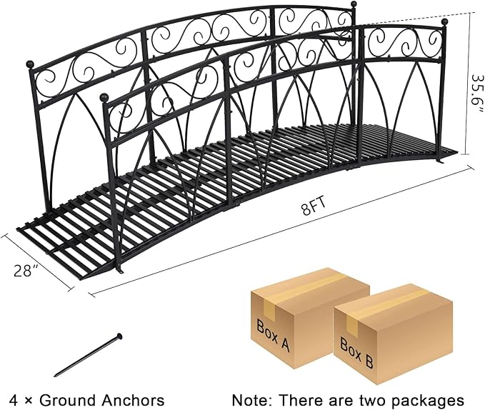AIIT 8 FT Metal Garden Bridge – Heightened Patio Outdoor Bridge with Safety Guardrails, Decorative Landscaping Iron Footbridge for Backyard Creek Lawn Stream, Black