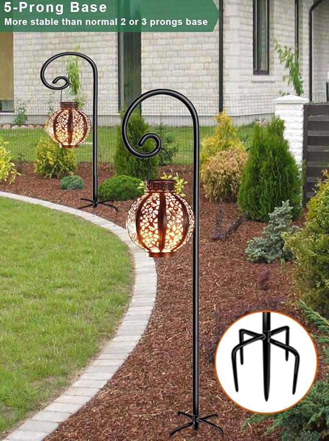 Koutemie 76 Inch Outdoor Shepherd Hook for Hanging Plant, Adjustable Heavy Duty Bird Feeder Pole with 5 Prong Base for Solar Lanterns, Black & 2 Packs