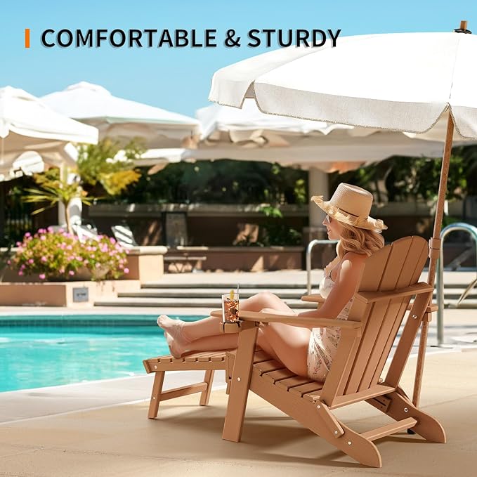 VINGLI Back-Adjustable Plastic Folding Adirondack Chairs Set of 2, Teak